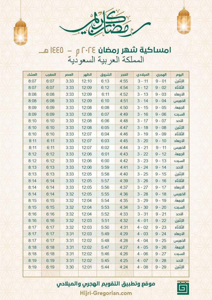 تحميل إمساكية رمضان 2024 السعودية 