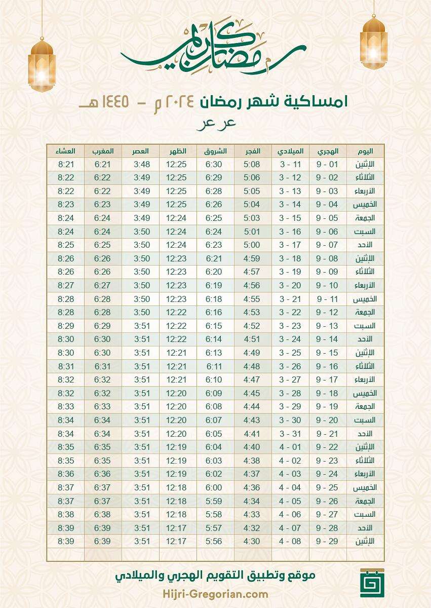 إمساكية رمضان 2024 السعودية عرعر