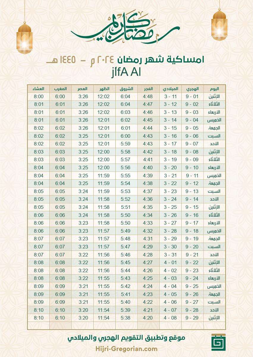 إمساكية رمضان 2024 السعودية مدينة الأفلاج