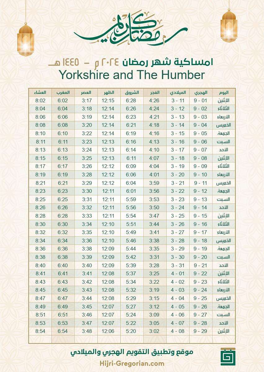 إمساكية رمضان 2024 بريطانيا Yorkshire and The Humber